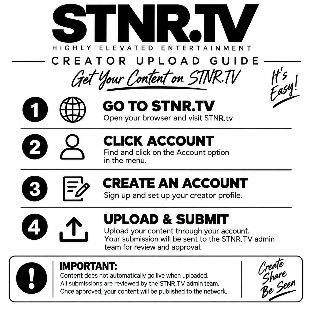 STNR.TV creator upload guide showing how to create an account, upload content and submit it for review.